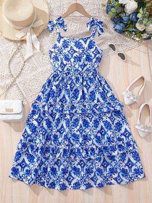 Blue & white floral printed tiered summer dress for girls 1