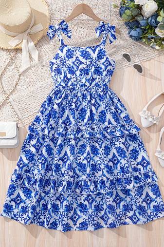 Blue & white floral printed tiered summer dress for girls