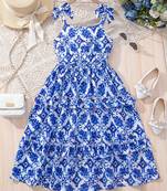 Blue & white floral printed tiered summer dress for girls