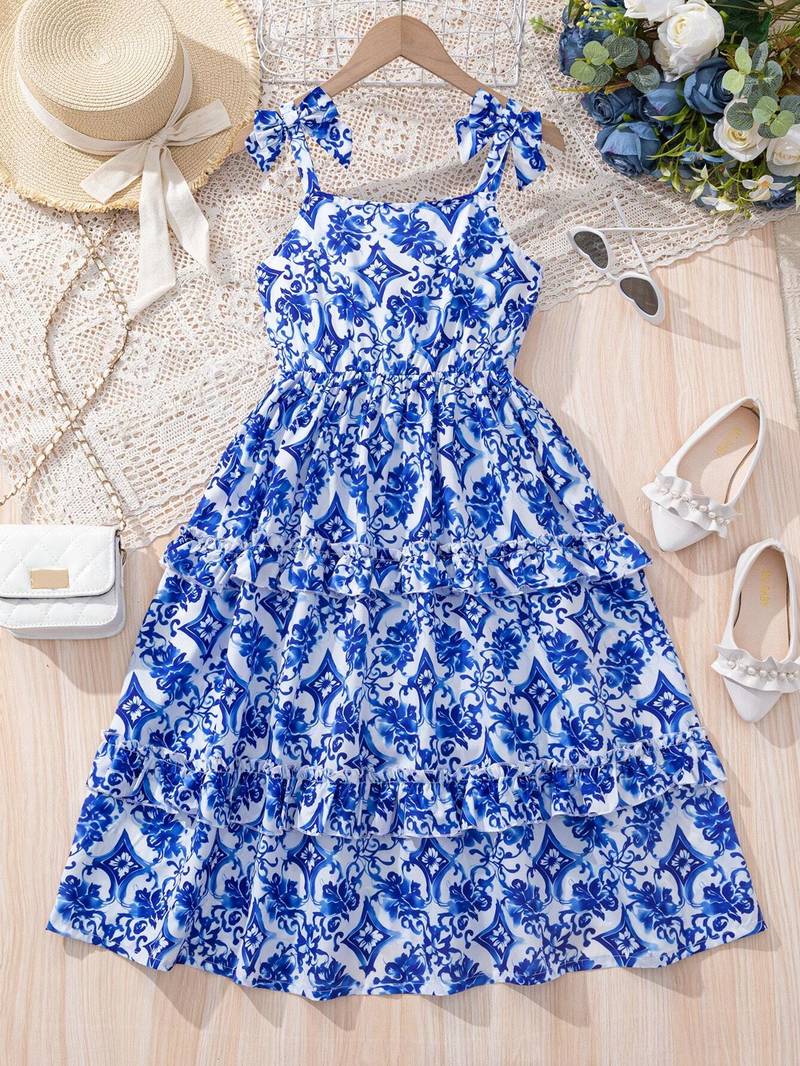 Blue & white floral printed tiered summer dress for girls