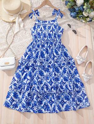 Blue & white floral printed tiered summer dress for girls 2