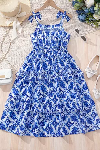 Blue & white floral printed tiered summer dress for girls