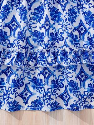 Blue & white floral printed tiered summer dress for girls 3