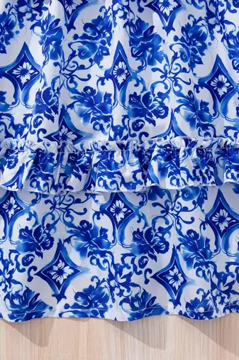 Blue & white floral printed tiered summer dress for girls
