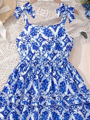 Blue & white floral printed tiered summer dress for girls 4