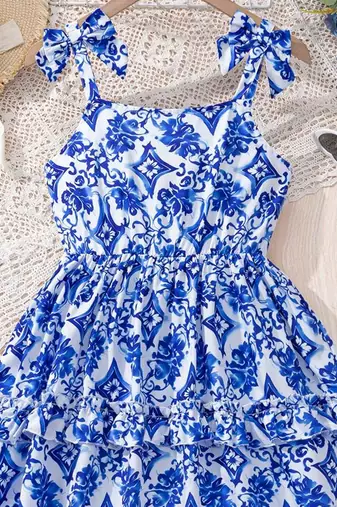 Blue & white floral printed tiered summer dress for girls