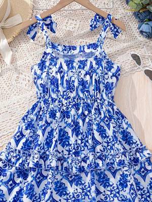 Blue & white floral printed tiered summer dress for girls 5