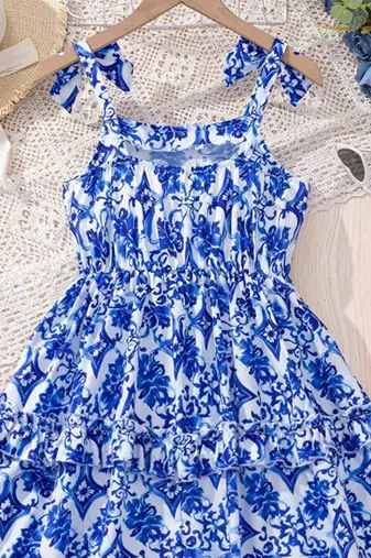 Blue & white floral printed tiered summer dress for girls