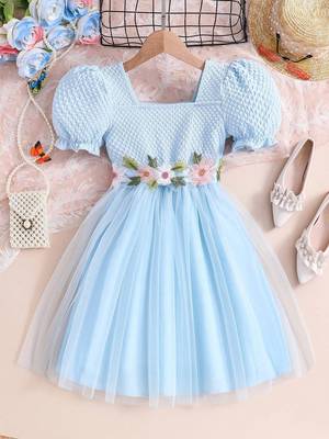 Sky blue floral embroidered net party dress for girls 1
