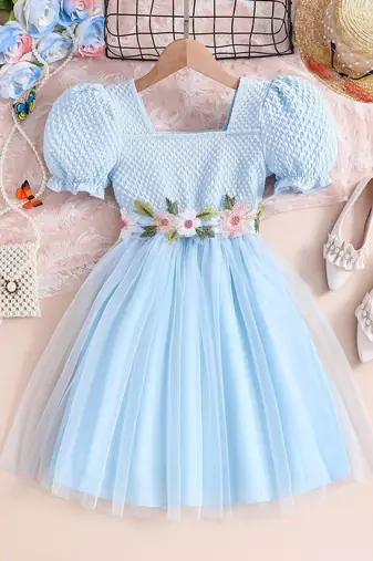 Sky blue floral embroidered net party dress for girls