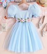 Sky blue floral embroidered net party dress for girls