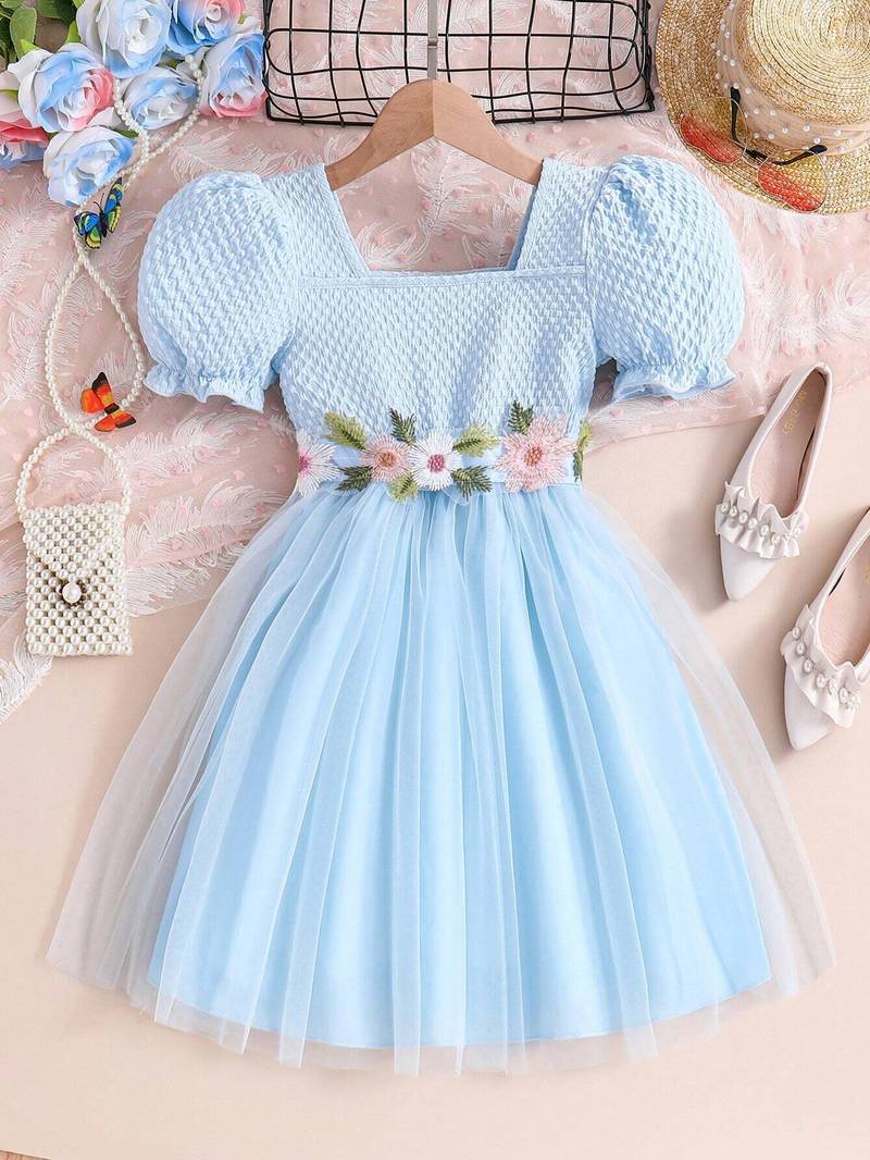 Sky blue floral embroidered net party dress for girls