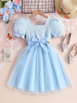 Sky blue floral embroidered net party dress for girls 2