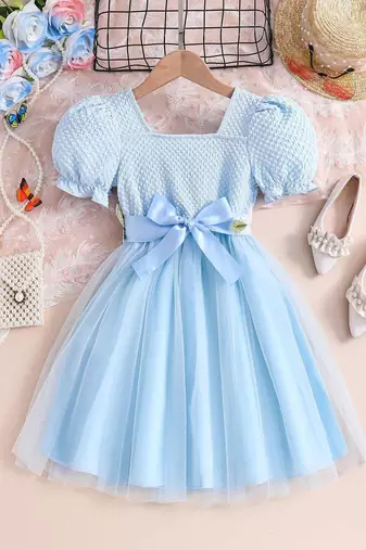 Sky blue floral embroidered net party dress for girls