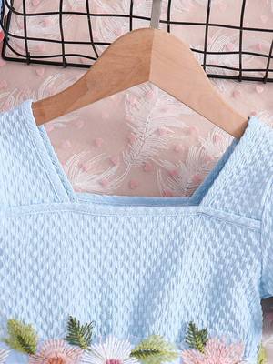 Sky blue floral embroidered net party dress for girls 3