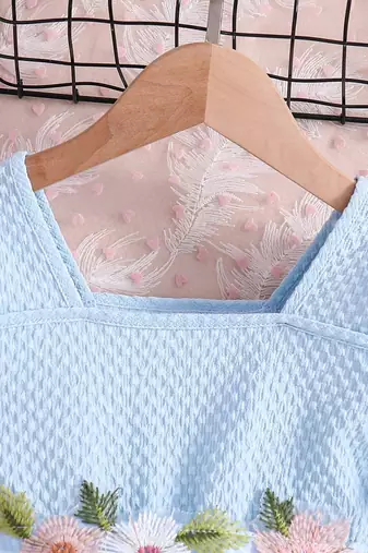 Sky blue floral embroidered net party dress for girls