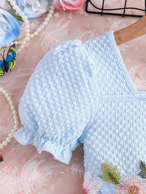 Sky blue floral embroidered net party dress for girls 4