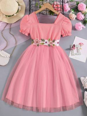 Pink floral embroidered net party dress for girls 1