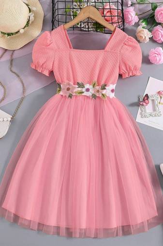 Pink floral embroidered net party dress for girls