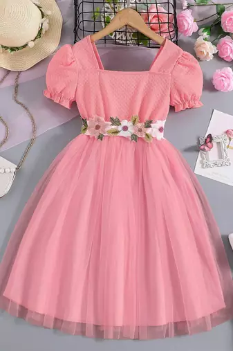 Pink floral embroidered net party dress for girls