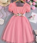 Pink floral embroidered net party dress for girls