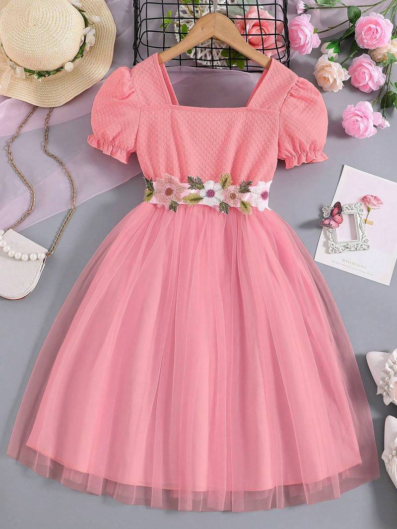 Pink floral embroidered net party dress for girls