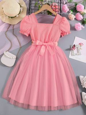 Pink floral embroidered net party dress for girls 2