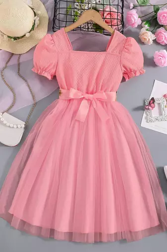 Pink floral embroidered net party dress for girls