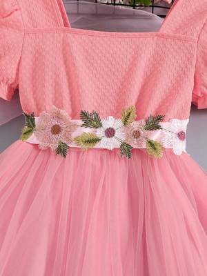 Pink floral embroidered net party dress for girls 3