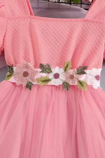 Pink floral embroidered net party dress for girls
