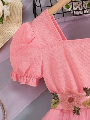 Pink floral embroidered net party dress for girls 4