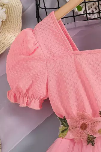 Pink floral embroidered net party dress for girls