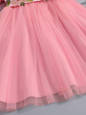 Pink floral embroidered net party dress for girls 5