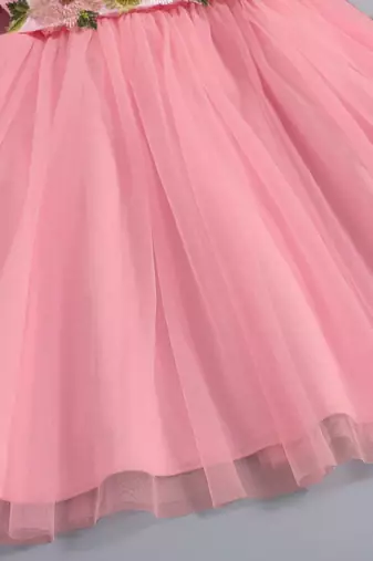 Pink floral embroidered net party dress for girls