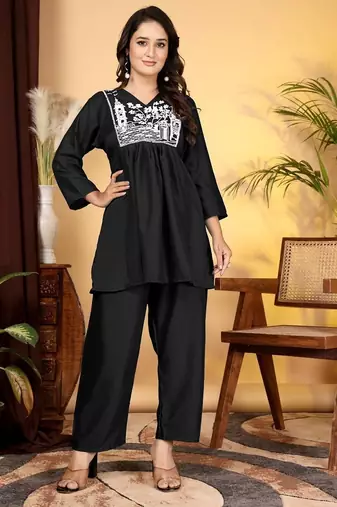 Women's Rayon Embroidered Designer Casual Co Ord Dress Rajasthani Embroidered Black Co-Ord Set