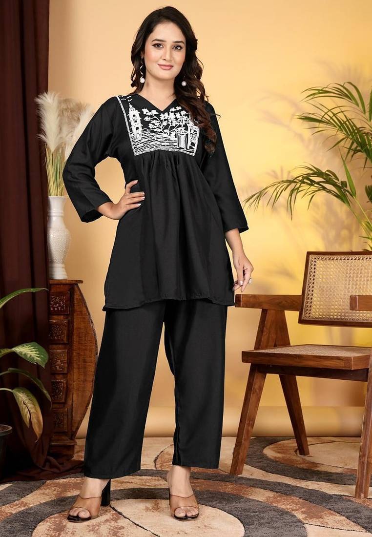 Black Rayon Embroidered Co Ord set