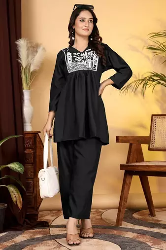 Women's Rayon Embroidered Designer Casual Co Ord Dress Rajasthani Embroidered Black Co-Ord Set