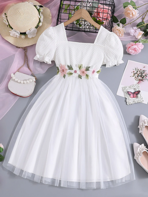 White floral embroidered net party dress for girls 1