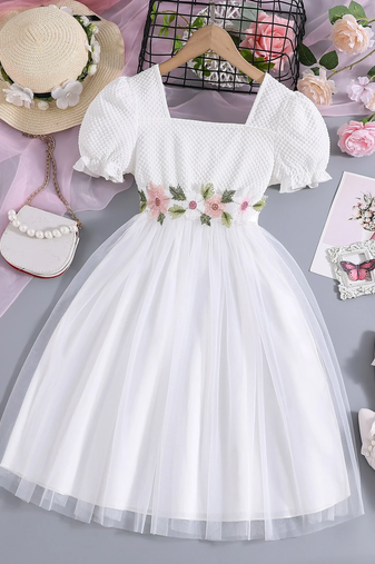 White floral embroidered net party dress for girls