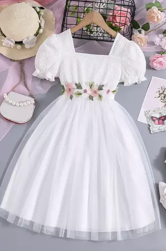 White floral embroidered net party dress for girls