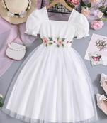 White floral embroidered net party dress for girls