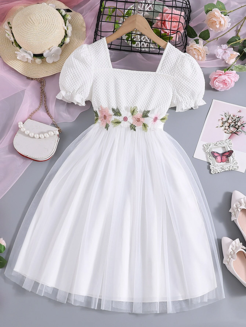 White floral embroidered net party dress for girls