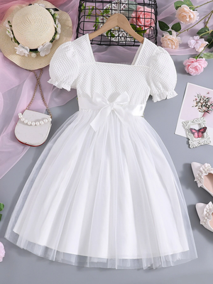 White floral embroidered net party dress for girls 2