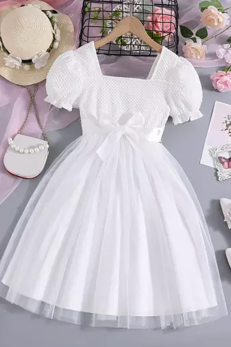 White floral embroidered net party dress for girls