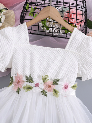 White floral embroidered net party dress for girls 3