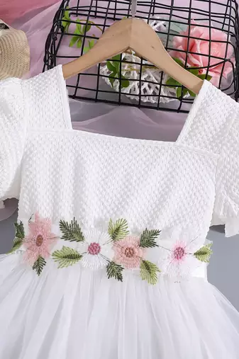 White floral embroidered net party dress for girls
