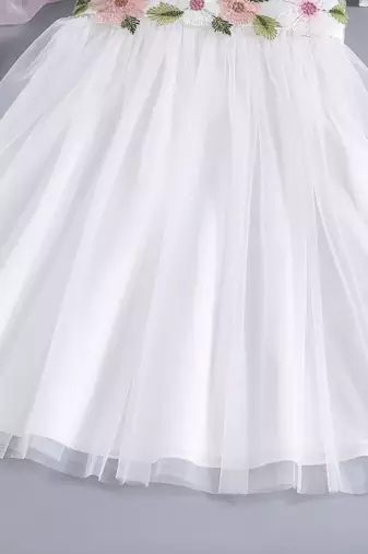 White floral embroidered net party dress for girls
