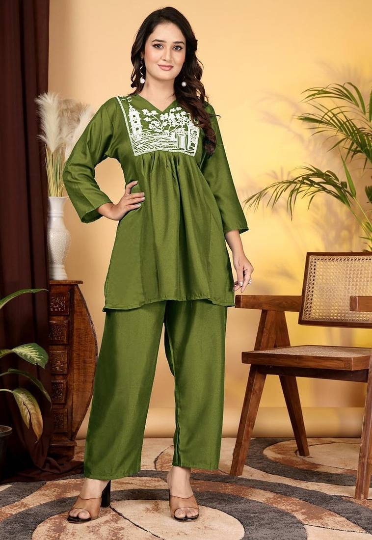 Green Rayon Embroidered Co Ord set