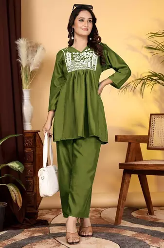 Women's rayon embroidered designer casual co ord dress rajasthani style embroidered Green co-ord set