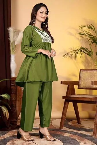 Women's rayon embroidered designer casual co ord dress rajasthani style embroidered Green co-ord set